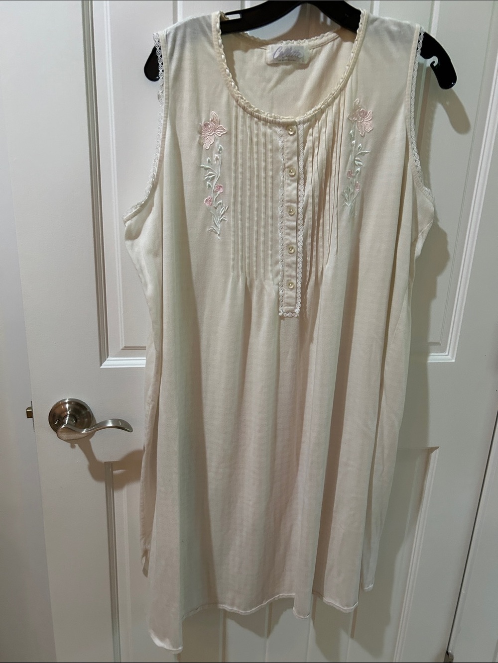 Miss Elaine Cream Nightgown with Pink & Green Embroidery